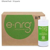 Box with e-NRG branding and one 1-quart bottle of bioethanol fuel with green labeling and white cap.