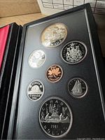 Set of 7 Canadian coins from 1981 in black display holder showing the detailed front designs of each coin including a silver dollar and smaller denomination coins
