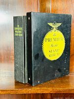 Two black stamp albums titled 'The Premier World Stamp Album' and 'The Comprehensive World-Wide Stamp Album'. Albums show some wear.