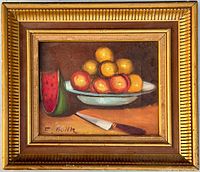 Frontal image of the signed oil painting showing the still life with apples on a white plate, watermelon slice, and knife with gold frame.