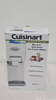 Box of Cuisinart Mix It In Soft Serve Ice Cream Maker showing front with product name, model ICE-45P1, and key features like Quick and Easy, Dispense or Scoop, Always Delicious.