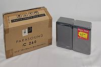 Parasound C 260 speaker with original box and red clearance price tag visible on speaker grille.