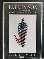 Front cover of Fallen Son: The Death of Captain America Iron Man comic, showcasing design and condition.