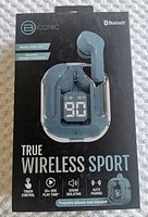 Front of retail box showing ear pods, digital battery display on charging case, features and brand logo.