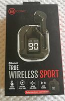 Front of packaging showing ear pods and charging case with digital display, highlighting features such as touch control, 20+ hours playtime, sound isolating, auto pairing.