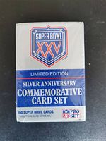 Front of the sealed card set packaging showing Super Bowl XXV logo, limited edition label, and quantity of 160 cards.