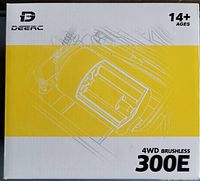 Front of box showing DEERC branding, model 300E, 4WD Brushless, and age 14+