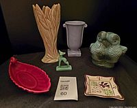 Six assorted MCM pottery pieces including vases, figurines, and dishes