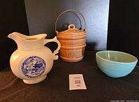 Photo showing all three items: blue willow jug, oaken bucket cookie jar, robin's egg blue beehive bowl