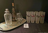 Full view of the set arranged with the glasses on the right, decanter and cocktail shaker on the tray left, and the mixing snifter glass in front of the decanter.