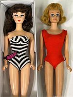 Both Barbie and Midge dolls side by side, showing full bodies and swimsuits. Barbie is in original box, Midge is out.