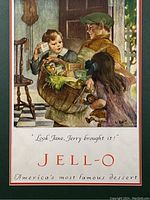 Close-up of the vintage Jell-O advertisement showing two children with a basket and the tagline 'Look Jane, Jerry brought it!'