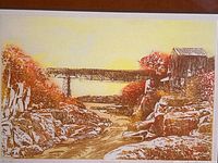Close-up of etching art titled "Crossing" showing details of the landscape, bridge, and building with fall foliage.