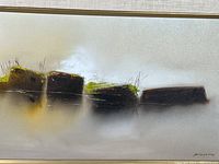 Close-up of the painting showing the foggy bog landscape with moss and grass details, signed by John Boyd May.