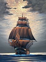 Close-up detail of the sailing ship with moonlit sky and ocean showing the ship's sails and moonlight reflections on the water.
