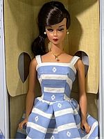 Close-up of Suburban Shopper Barbie doll's face and dress in box