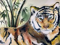 Close-up of the tiger side of the watercolor painting showing detailed stripes, facial features, and bamboo background.
