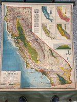 Full view of vintage California map on spring roller showing detailed geography and various inset maps.