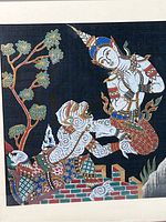 Close-up image of the silk screen art on fabric showing the woman and monkey with detailed patterns and colors