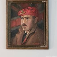 Full view of antique oil painting on board showing soldier portrait with red beret and brown uniform, framed in aged wood.