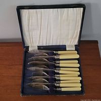 Photo of antique fish cutlery set in open fitted case showing six knives and six forks with cream-colored handles arranged in blue velvet slots.