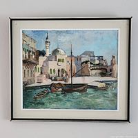 Front view of the framed oil painting showing a harbor scene with boats and buildings.