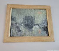 Front view of signed abstract painting framed in natural wood, showing overall condition and artwork content.