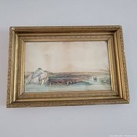 Full view of framed watercolour painting showing landscape, rocks, water and figures