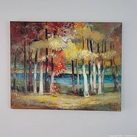 Full view of the oil painting of birch trees and water, showing the overall composition and colors.