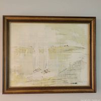 Framed watercolour artwork with abstract boats and dock scene in muted colors.