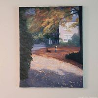 Full view of the acrylic painting showing the outdoor scene with person and dog, fall foliage, and building in the background.