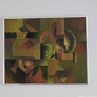 Front view of the framed abstract oil painting on board with geometric shapes and muted green, brown, and pink tones.