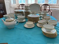 Overview of full dinnerware set arranged on table