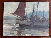 Frontal view of oil painting on canvas mounted to masonite showing a boat with red sails in shore scene