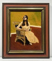 Full view of framed oil painting showing seated woman in yellow dress in wicker chair with green and reddish-brown background.
