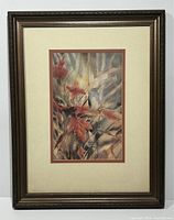 Full view of framed watercolour painting featuring abstract botanical design with reddish leaves and grasses, visible signature by Laureen Hunter lower center right.