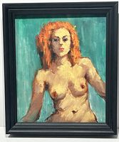Framed oil painting showing full figure of nude red-haired woman against teal background