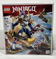 Photo of front of unopened Lego Ninjago 71785 box showing Jay's Titan Mech with 794 pieces and artwork of minifigures.