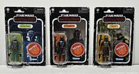 Front view of all three Star Wars The Mandalorian Retro Collection action figures in blister packaging showing Bo-Katan Kryze, The Mandalorian (Beskar), and Boba Fett (Morak).