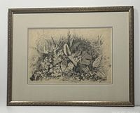 Framed grisaille watercolour artwork showing a detailed composition of botanical elements including leaves, flowers, and grasses.