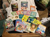 Wide shot showing all children’s books spread out, featuring recognizable titles and a variety of colorful covers.