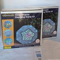 Photo of two sealed Milestones Glow Mosaic Stepping Stone Kits showing front of packaging with stone design example and labels.