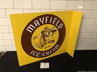 Full front view of the Mayfield Ice Cream tin flange sign with visible mounting flange and holes.