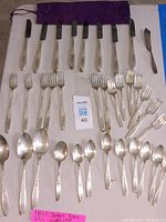 Overview of entire silverware set displaying knives, forks, spoons, and butter knife with spreader.