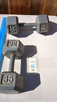 Photo showing two 35-pound dumbbells placed flat on a white surface, casting shadows in sunlight.