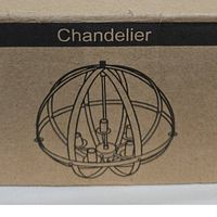 Box side showing black and white graphic illustration of the spherical globe chandelier with 5 light sockets inside