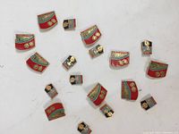 Top view of all 18 pins and badges spread on white background showing two styles of items