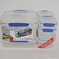 Photo showing 16-piece set of clear plastic food storage containers with blue locking lids, packed together in a value pack.