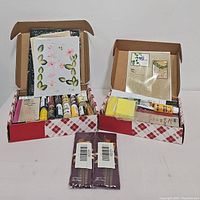 Two open boxes, one with paints and stencil sheet, the other with brushes and accessories, plus two sealed brush packs in front.