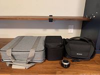Overview of all items: gray soft case, black Sony camera bag, Sony lens, and another black soft camera case